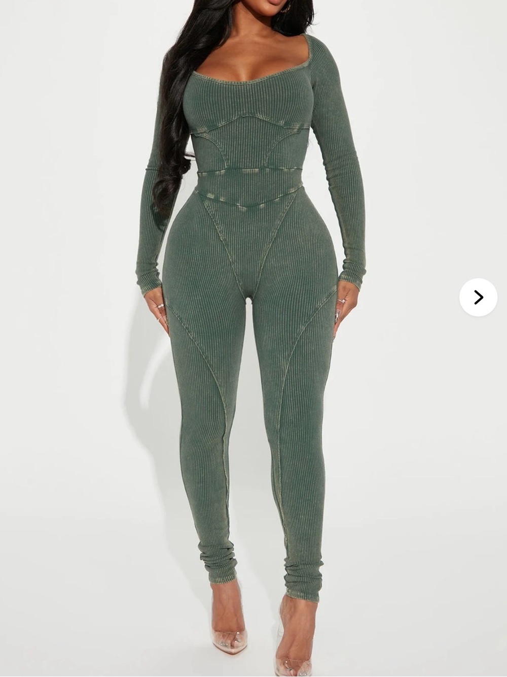 Fashion Nova Ribbed Long-Sleeve Olive Green Jumpsuit size Small
